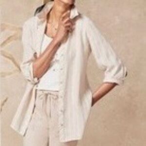 Chico’s Linen No Iron Striped Roll Tab Sleeves Button Down Shirt